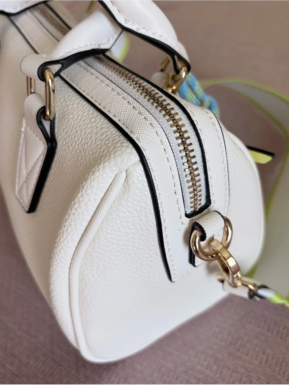 Aldo White Pebbled Satchel with Lime-Trim Strap
